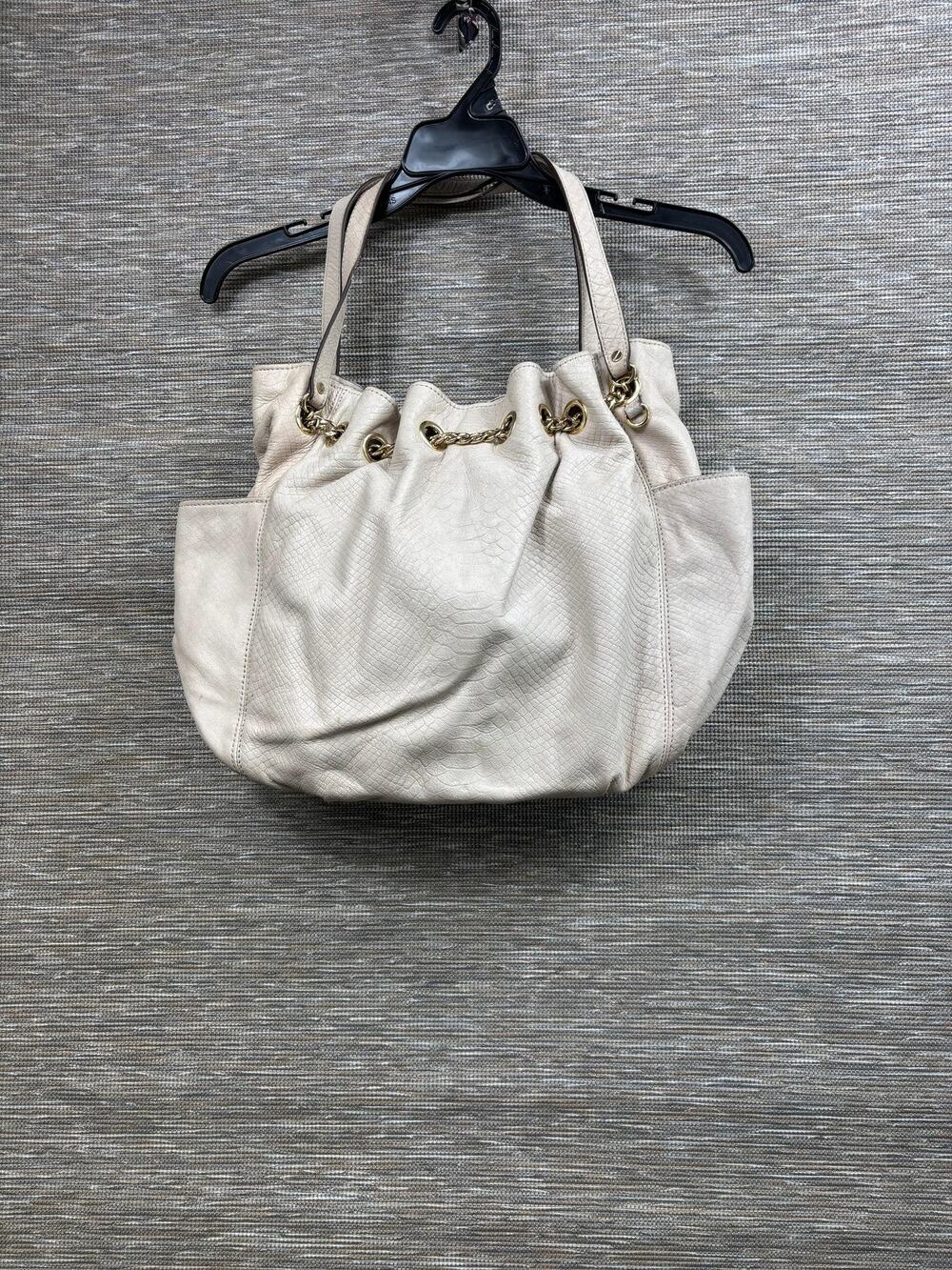 Michael Kors Shoulder Bag Womens Large Beige Snakeskin Leather Drawstring Purse